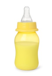 Photo of One feeding bottle with milk on white background