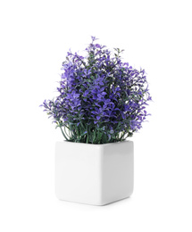 Photo of Beautiful purple artificial plant in flower pot isolated on white