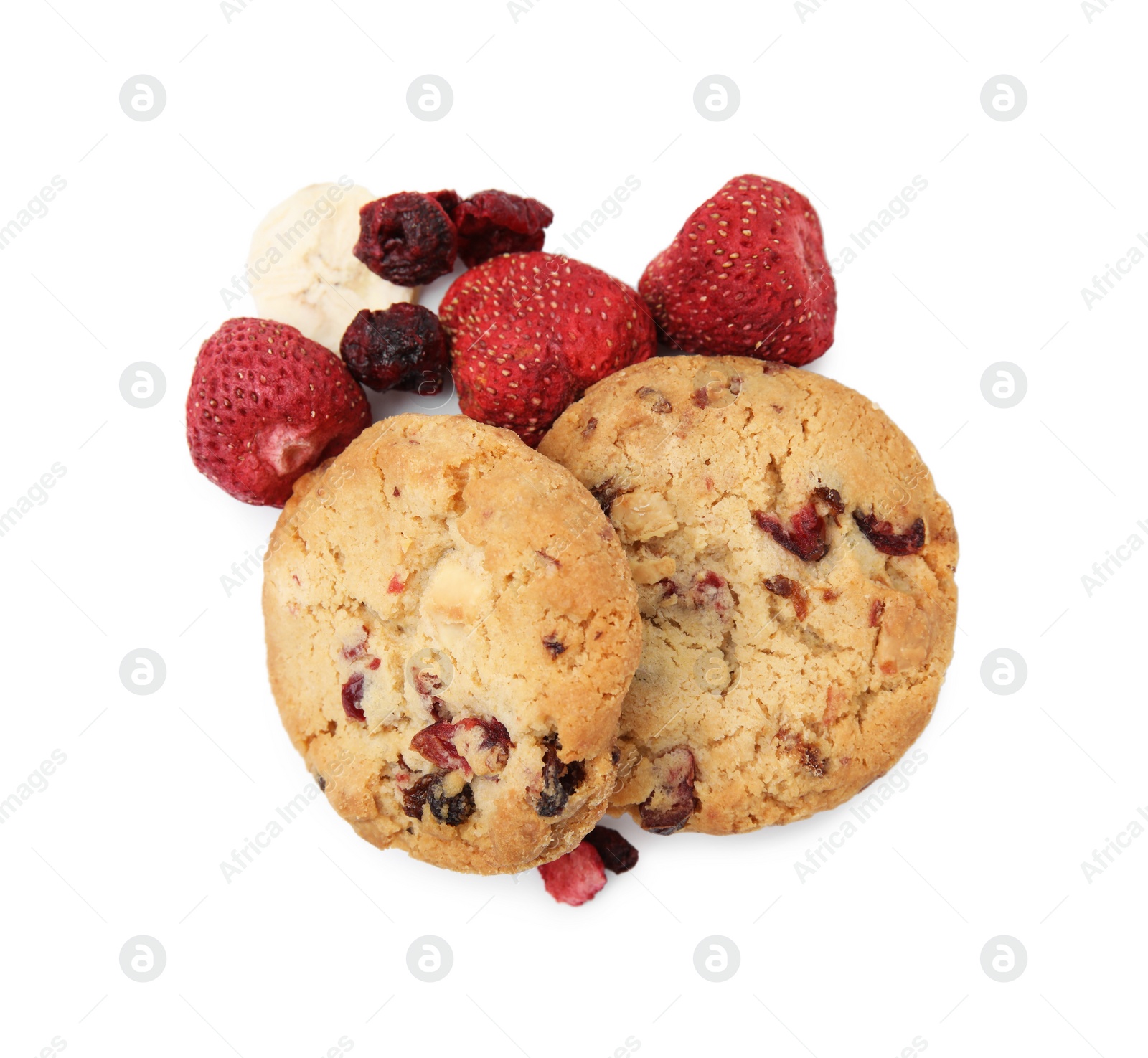 Photo of Cookies and freeze dried fruits isolated on white, top view