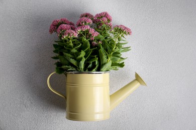 Beautiful bouquet of pink wildflowers in watering can on white table, top view