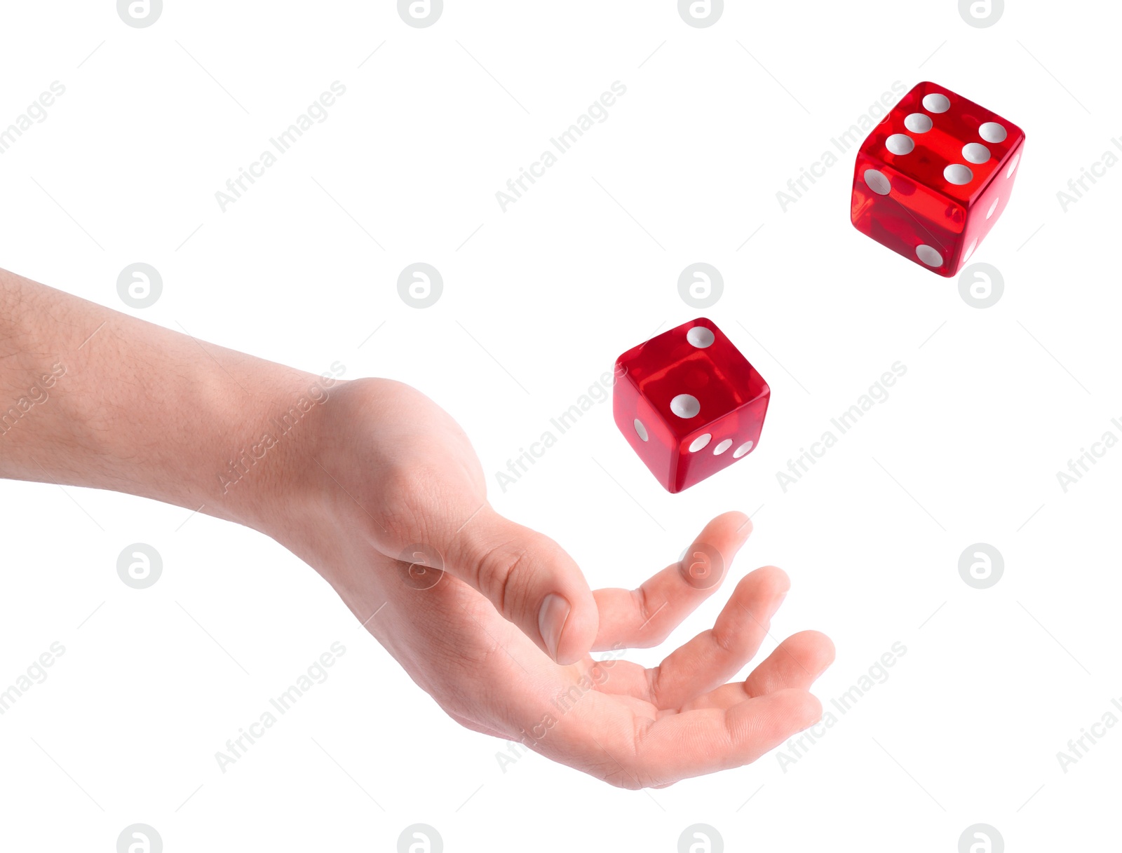 Image of Man throwing red dice on white background, closeup