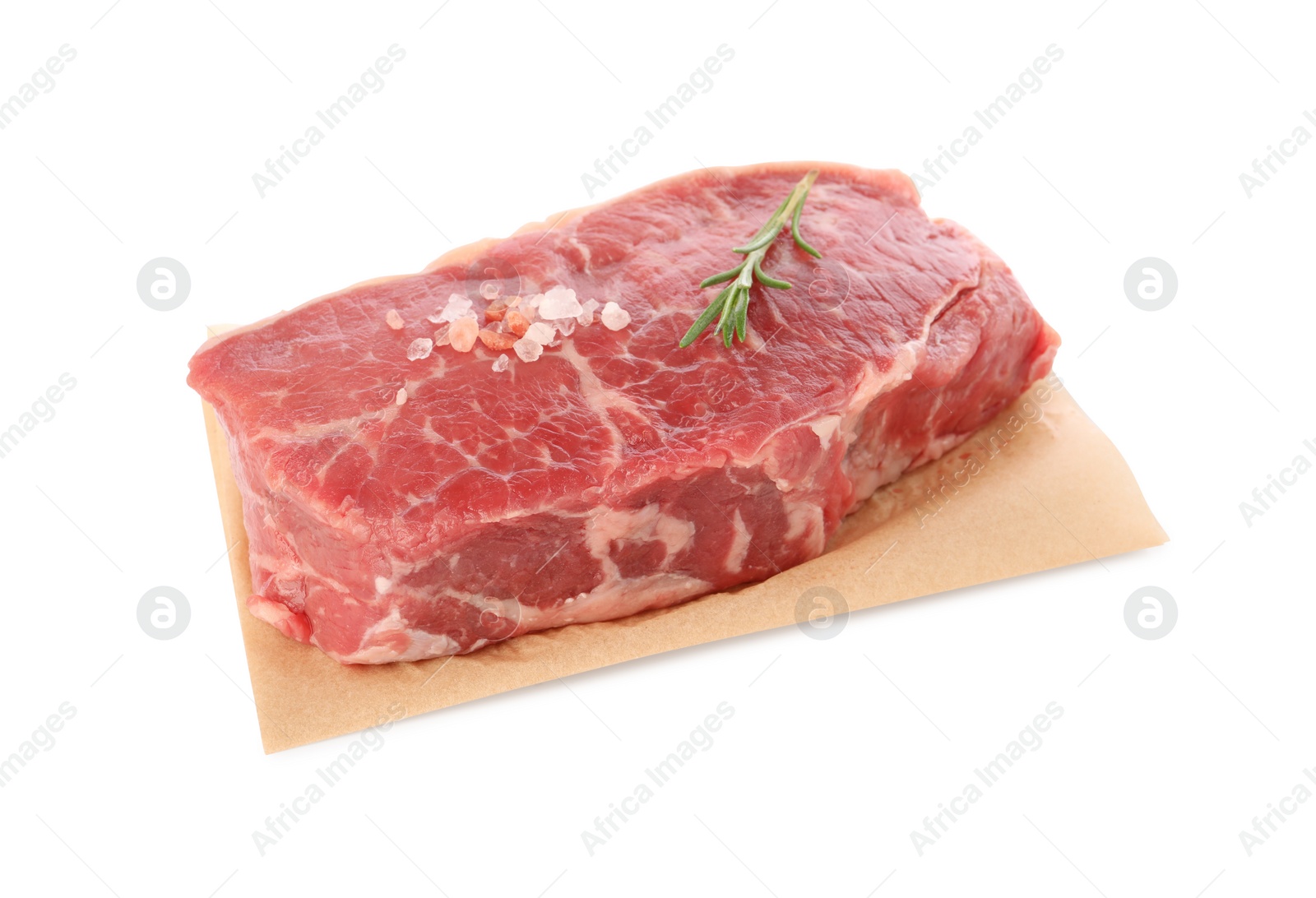 Photo of Steak of raw beef meat and spices isolated on white