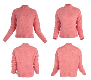 Image of Stylish warm red sweater isolated on white, back and front 