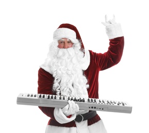 Photo of Santa Claus with synthesizer on white background. Christmas music