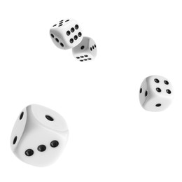 Image of Four dice in air on white background
