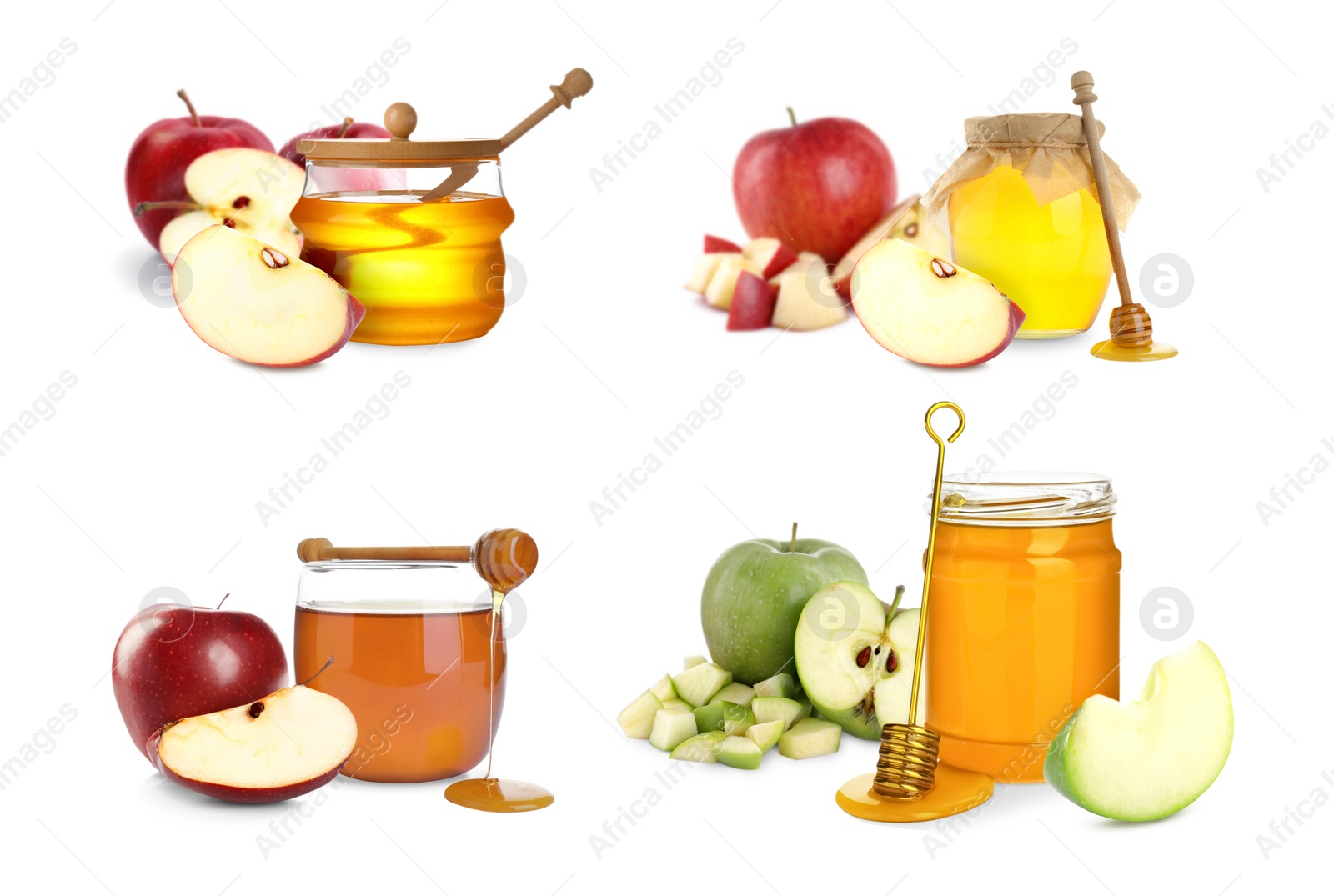 Image of Natural sweet honey and tasty fresh apples on white background, collage