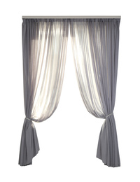 Image of Beautiful elegant grey curtains on white background