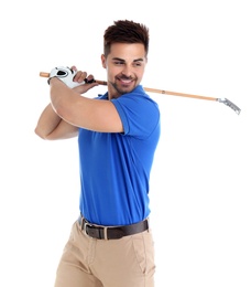 Young man playing golf on white background