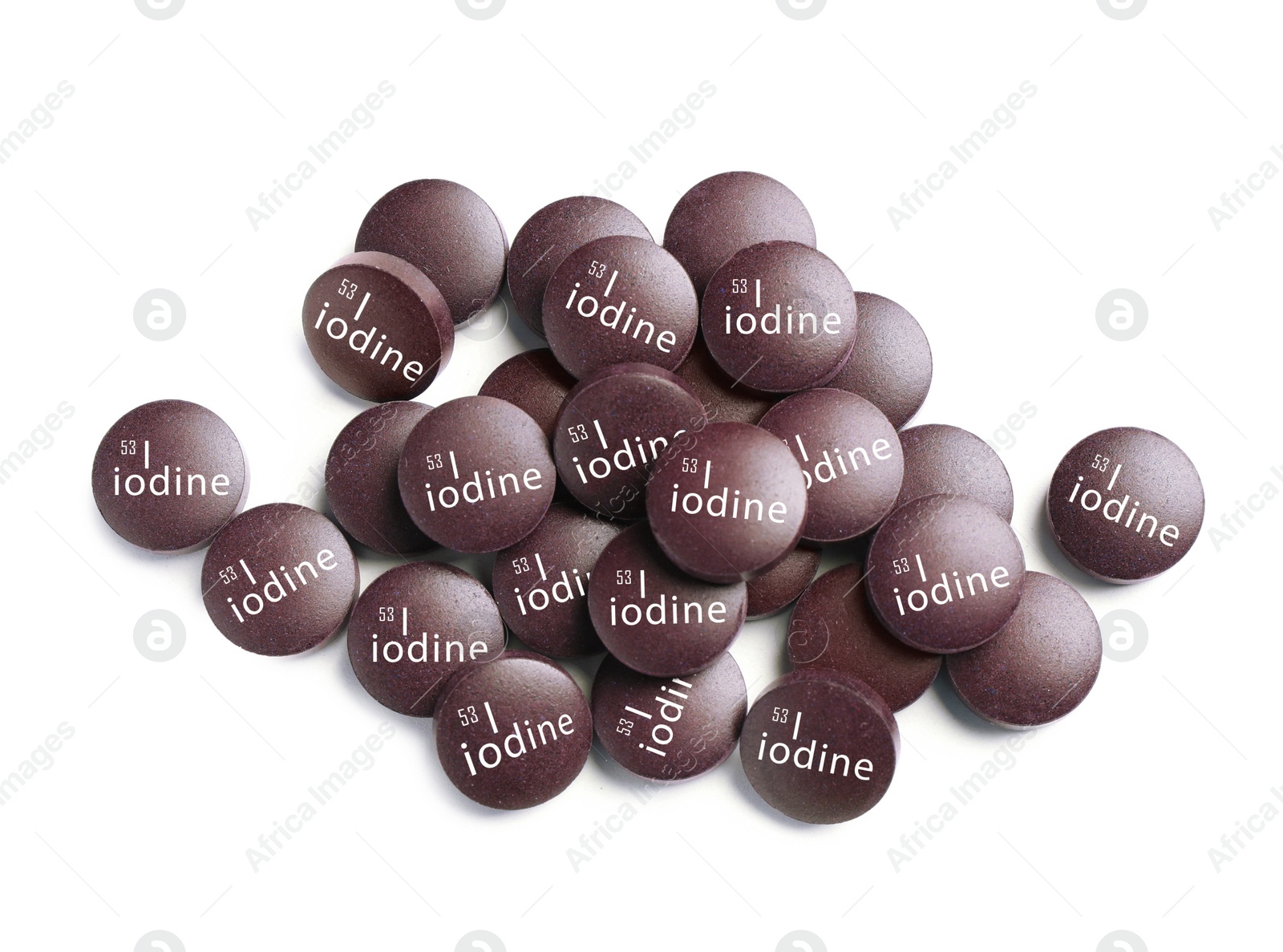 Image of Iodine pills on white background, top view. Mineral element