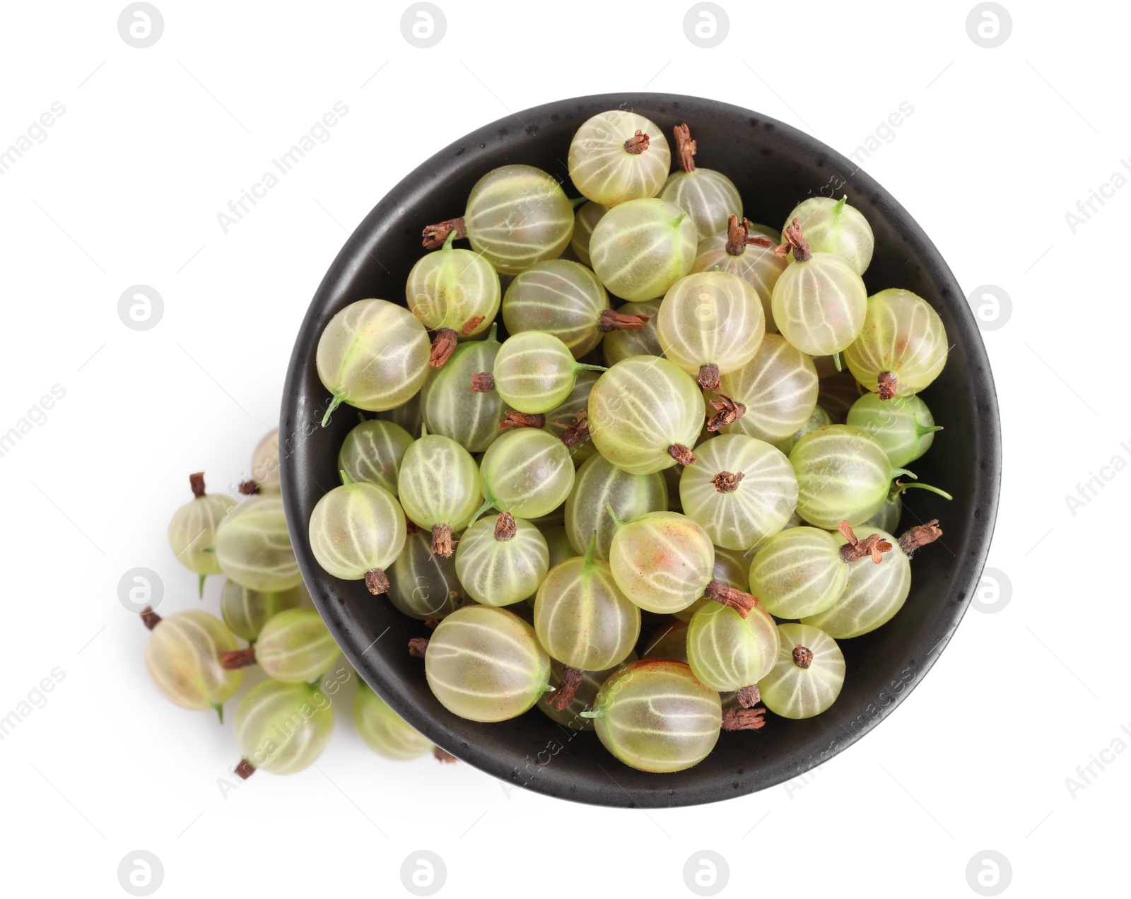 Photo of Bowl and ripe gooseberries on white background, top view