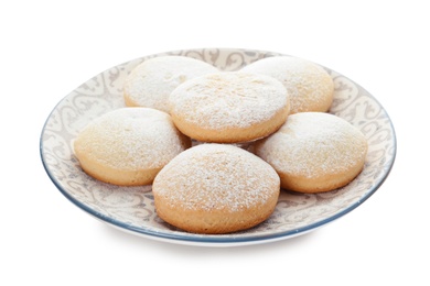 Plate with cookies for Islamic holidays isolated on white. Eid Mubarak