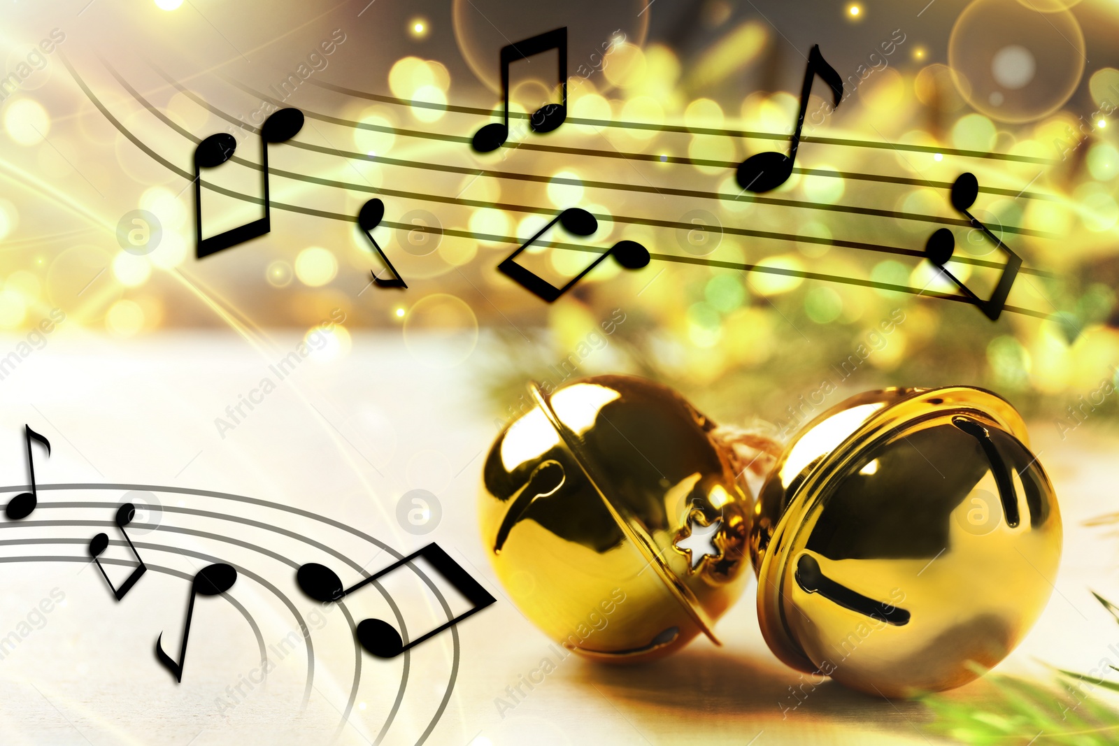 Image of Music notes and jingle bells on blurred background, bokeh effect. Christmas and New Year melody