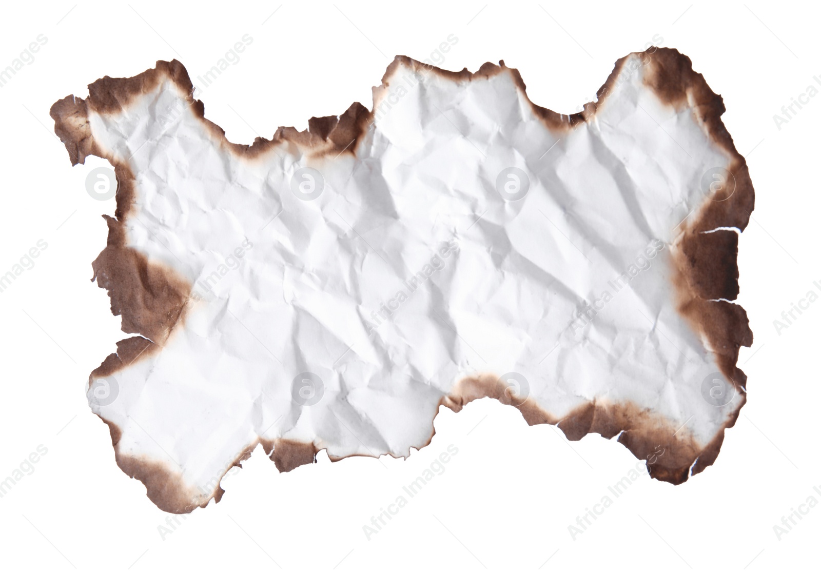 Photo of Piece of crumpled paper with dark burnt borders on white background, top view. Space for text