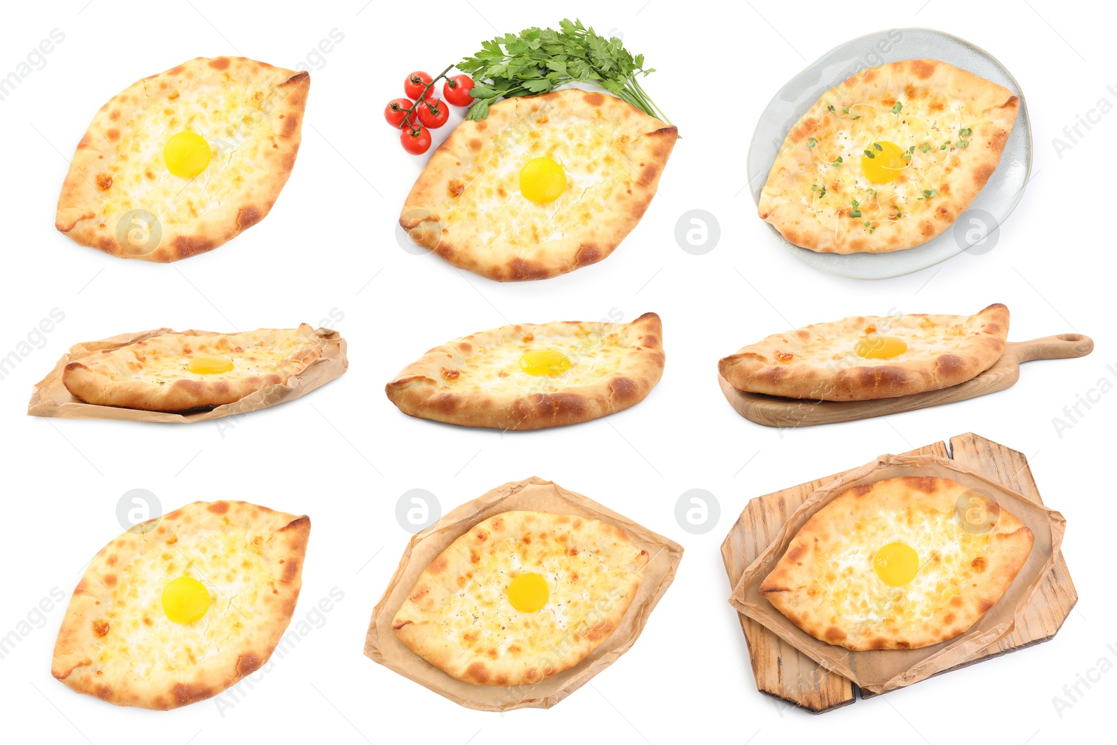 Image of Collage with tasty Adjarian khachapuris on white background