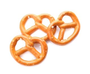 Photo of Delicious crispy pretzel crackers isolated on white, top view