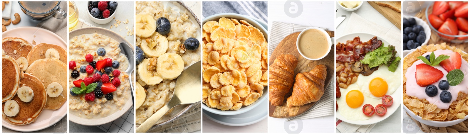 Image of Assortment of tasty breakfasts. Collage with different meals