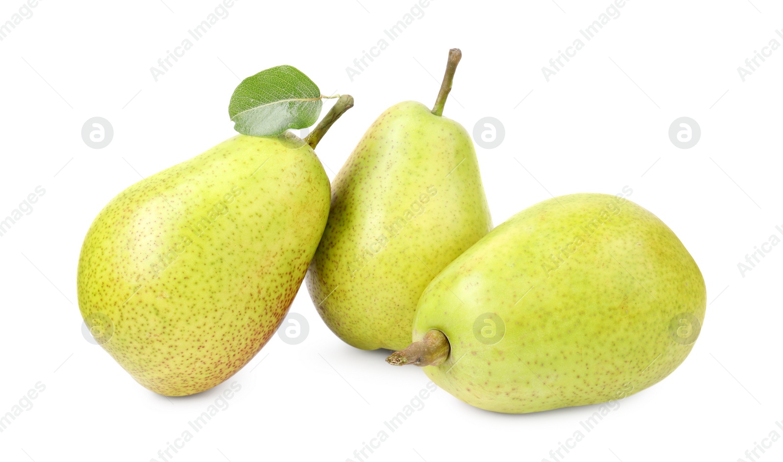 Photo of Tasty ripe pears with leaf on white background