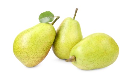 Photo of Tasty ripe pears with leaf on white background