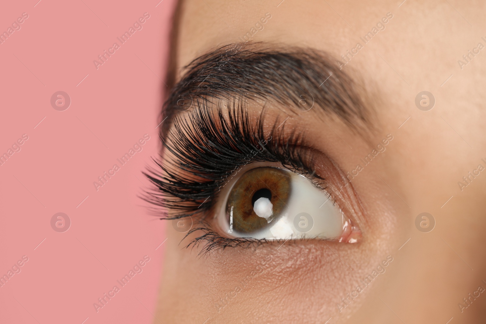Photo of Beautiful young woman with long eyelashes on pink background, closeup