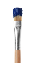 Photo of Brush with dark blue paint on white background
