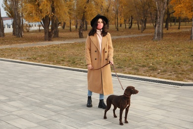 Photo of Woman in protective mask with German Shorthaired Pointer in park. Walking dog during COVID-19 pandemic