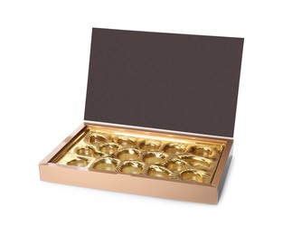 Photo of Empty box of chocolate candies isolated on white