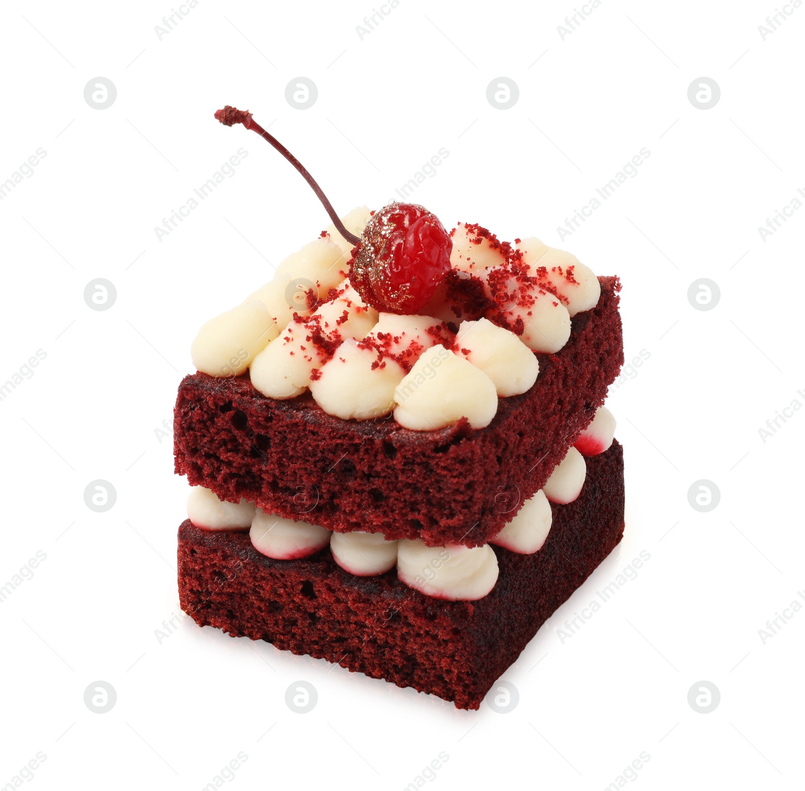 Photo of Piece of delicious red velvet cake on white background