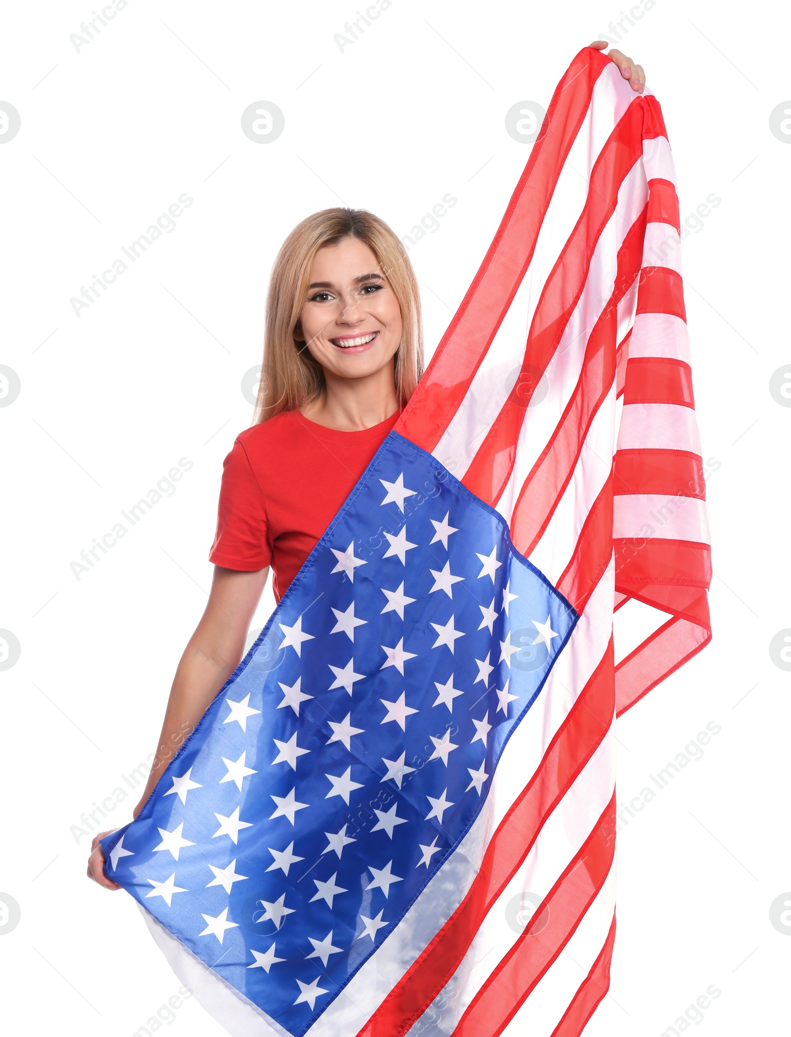 Photo of Portrait of woman with American flag on white background