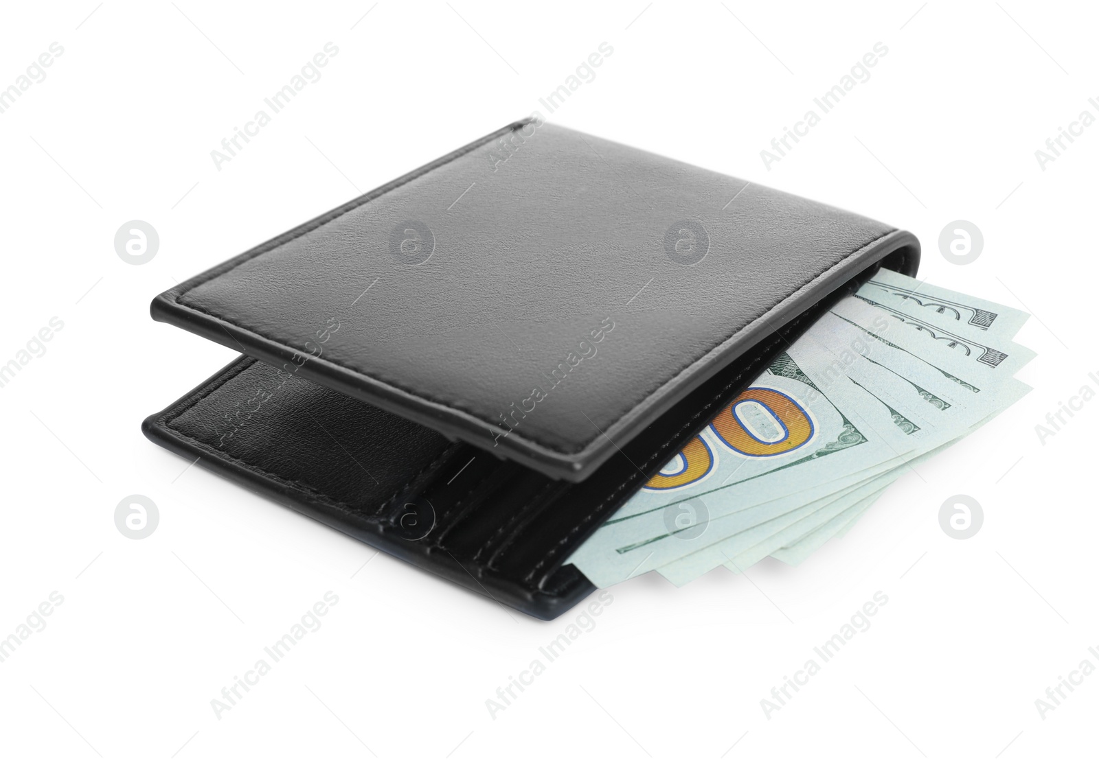 Photo of Stylish black leather wallet with money isolated on white