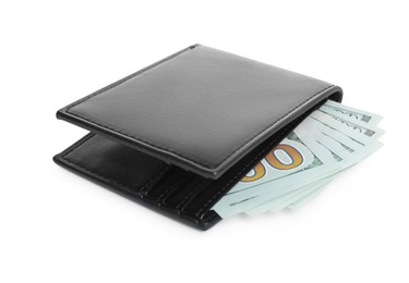 Photo of Stylish black leather wallet with money isolated on white