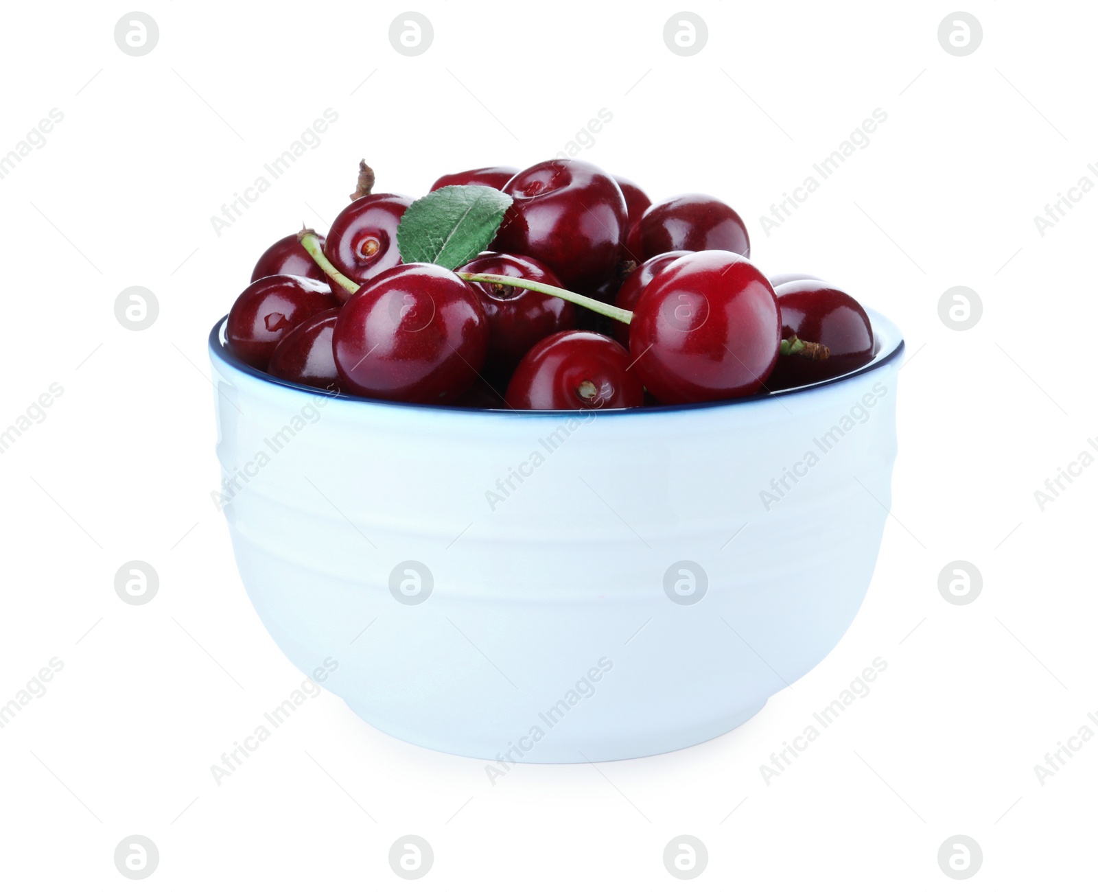 Photo of Sweet juicy cherries in bowl isolated on white