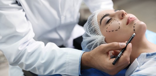Doctor preparing female patient for cosmetic surgery in clinic. Banner design