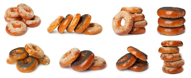 Image of Set with tasty fresh bagels on white background. Banner design