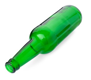 One empty green beer bottle isolated on white