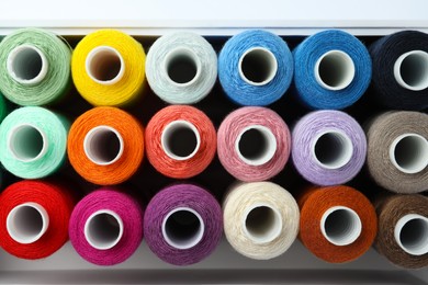 Photo of Set of different colorful sewing threads in container on white background, top view