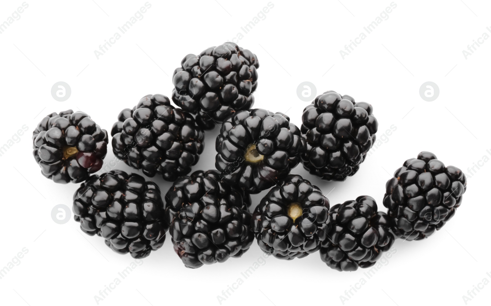 Photo of Tasty ripe blackberries on white background, top view