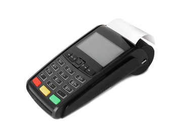 New modern payment terminal on white background