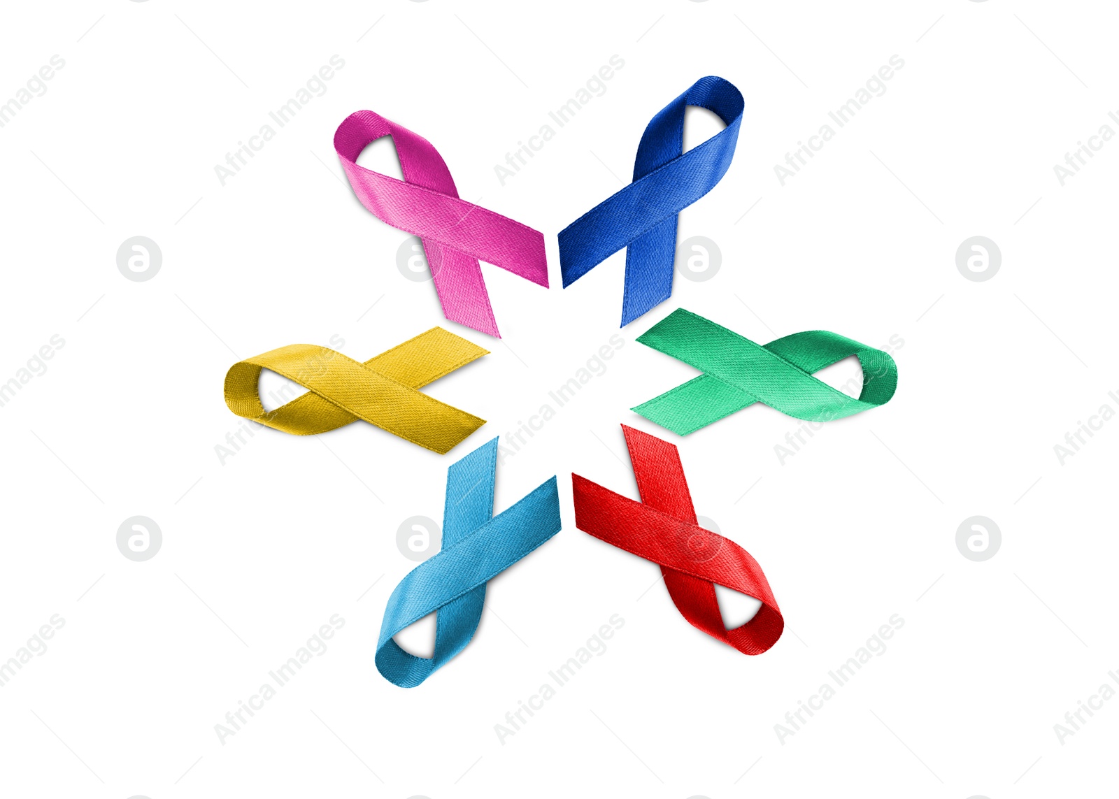 Image of Set with different color ribbons on white background, top view. World Cancer Day