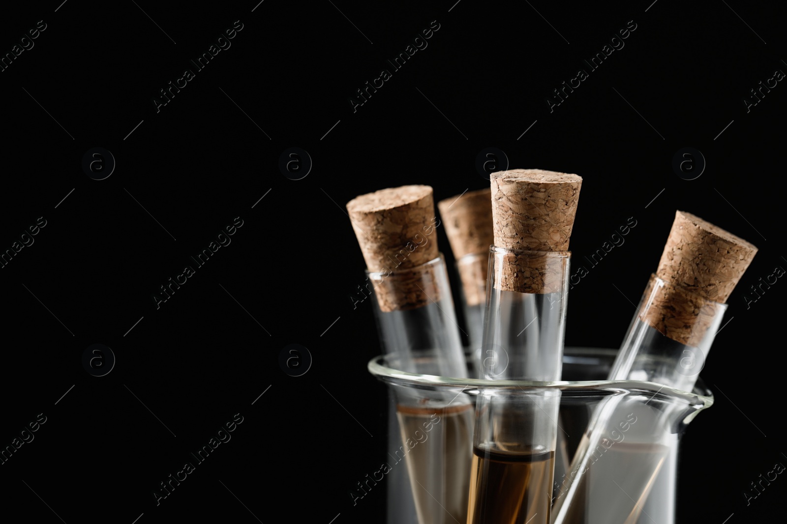 Photo of Test tubes with liquid on black background, closeup. Space for text
