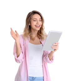 Woman using tablet for video chat isolated on white