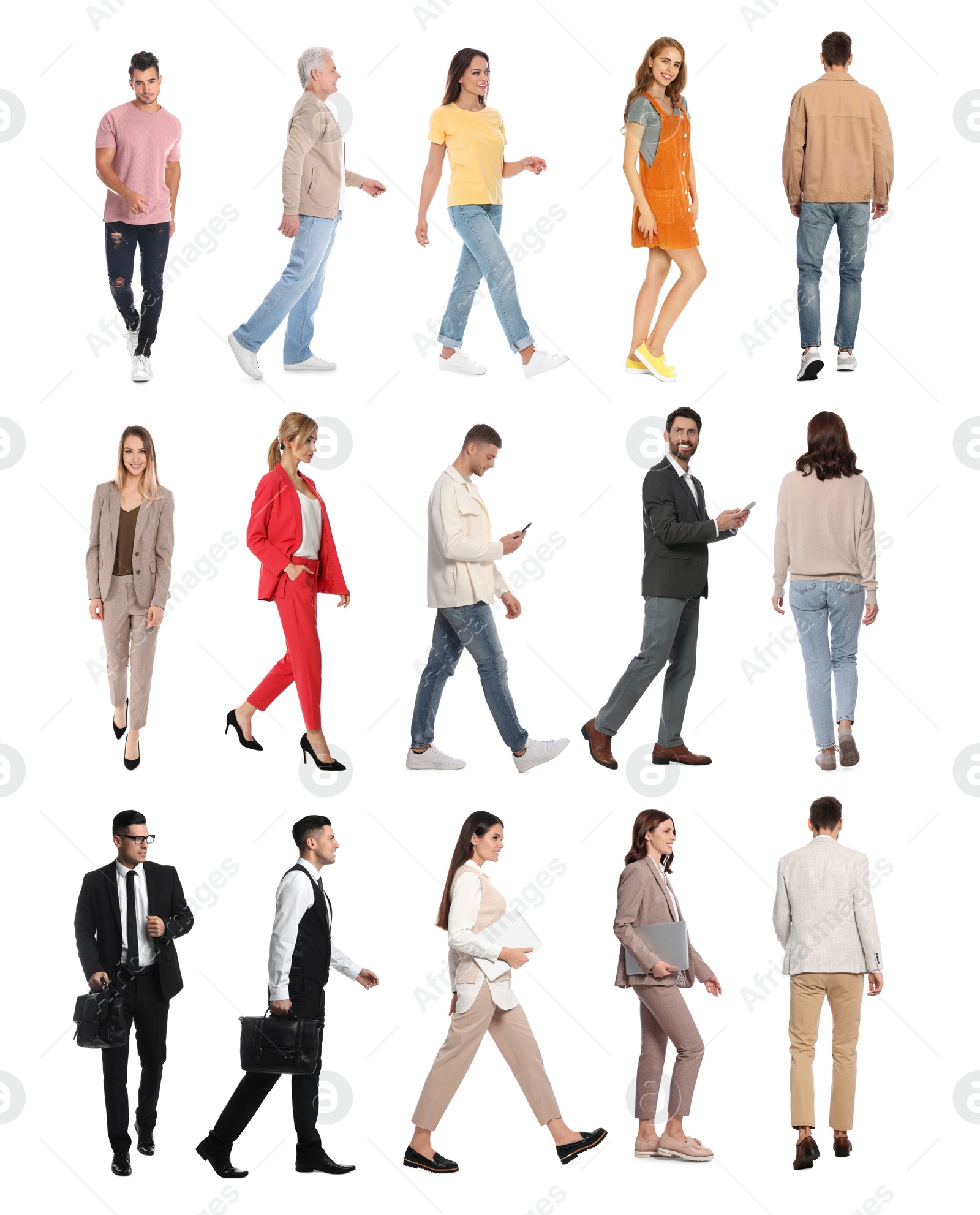 Image of Collage with photos of people wearing stylish outfit walking on white background