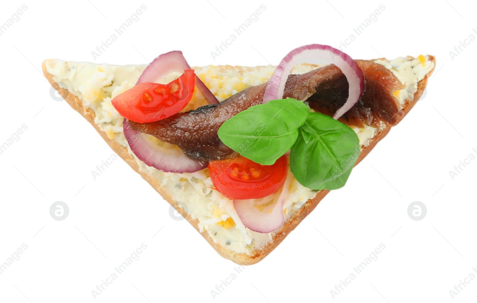 Photo of Delicious sandwich with anchovy, tomato and basil on white background, top view