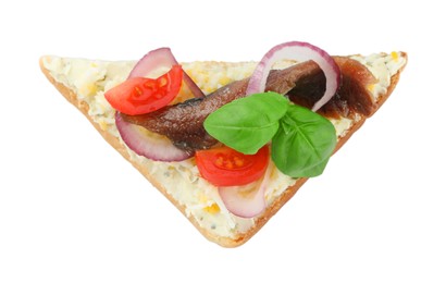 Photo of Delicious sandwich with anchovy, tomato and basil on white background, top view