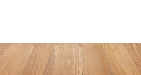 Photo of Empty light brown wooden table isolated on white