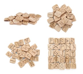 Image of Collage with set of wooden runes on white background. Divination tool