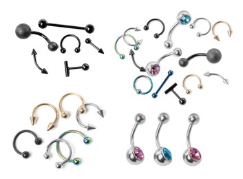 Image of Set with different piercing jewelry on white background