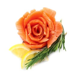 Photo of Flower made of fresh sliced salmon fillet on white background