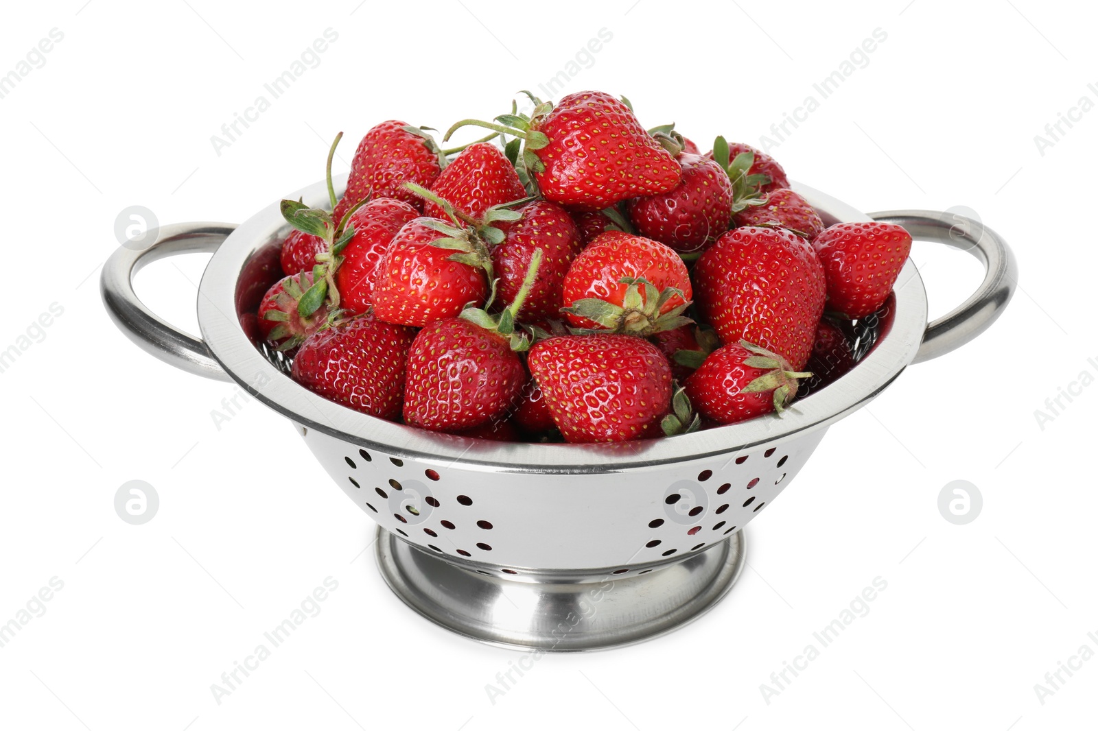 Photo of Metal colander with fresh strawberries isolated on white