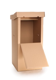 Photo of Empty cardboard wardrobe box on white background