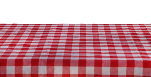 Photo of Table with checkered picnic cloth isolated on white